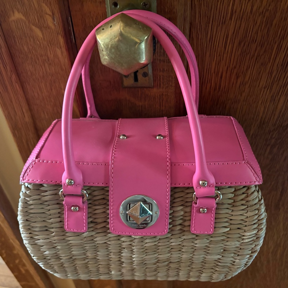 Kate Spade neon pink and straw handbag